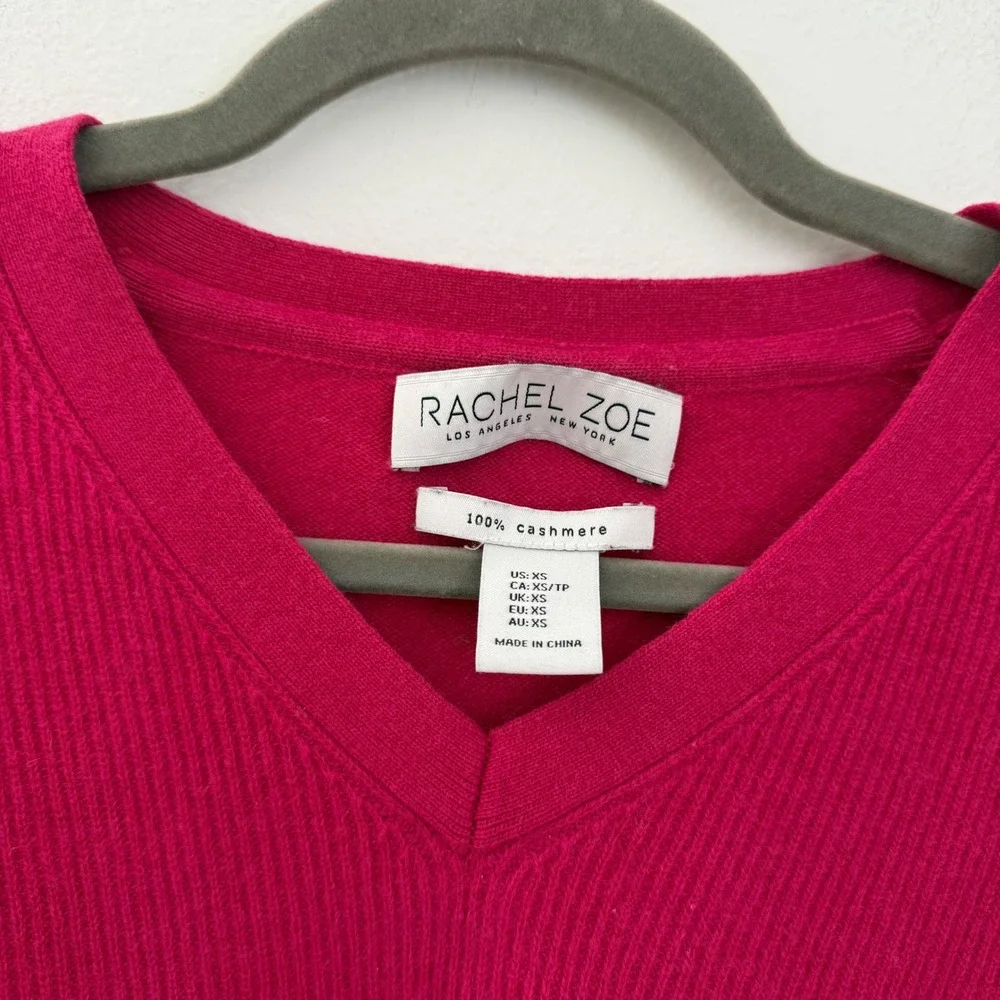 Rachel Zoe Magenta‎ Pink 100% Cashmere Ribbed Asymmetrical V-Neck Sweater XS - Picture 2 of 10